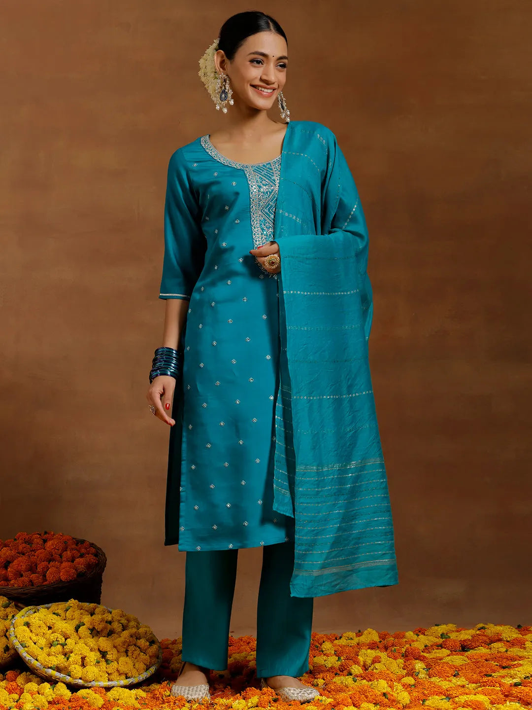 Anouk Green Yoke Design Silk Blend Straight Suit With Dupatta