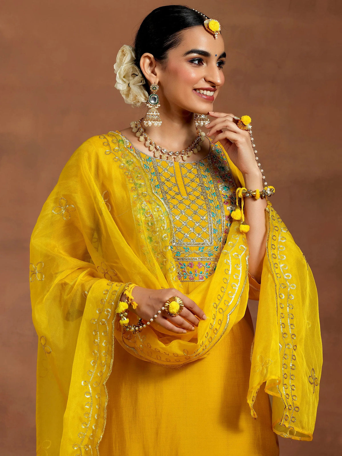 Anouk Mustard Yoke Design Silk Blend Straight Suit With Dupatta