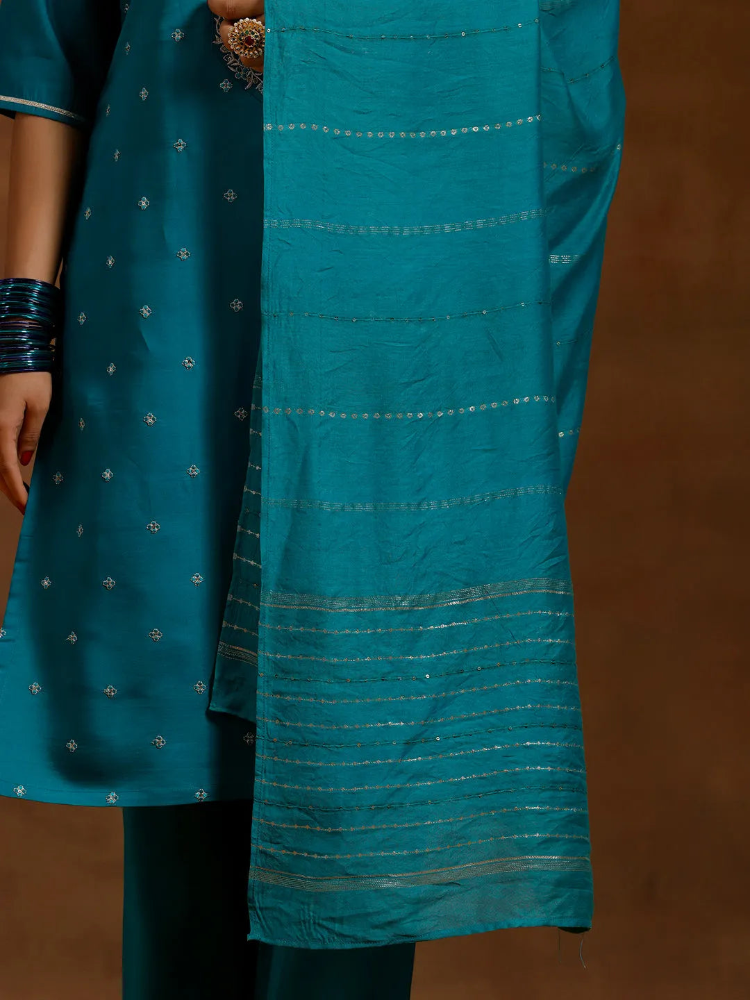 Anouk Green Yoke Design Silk Blend Straight Suit With Dupatta