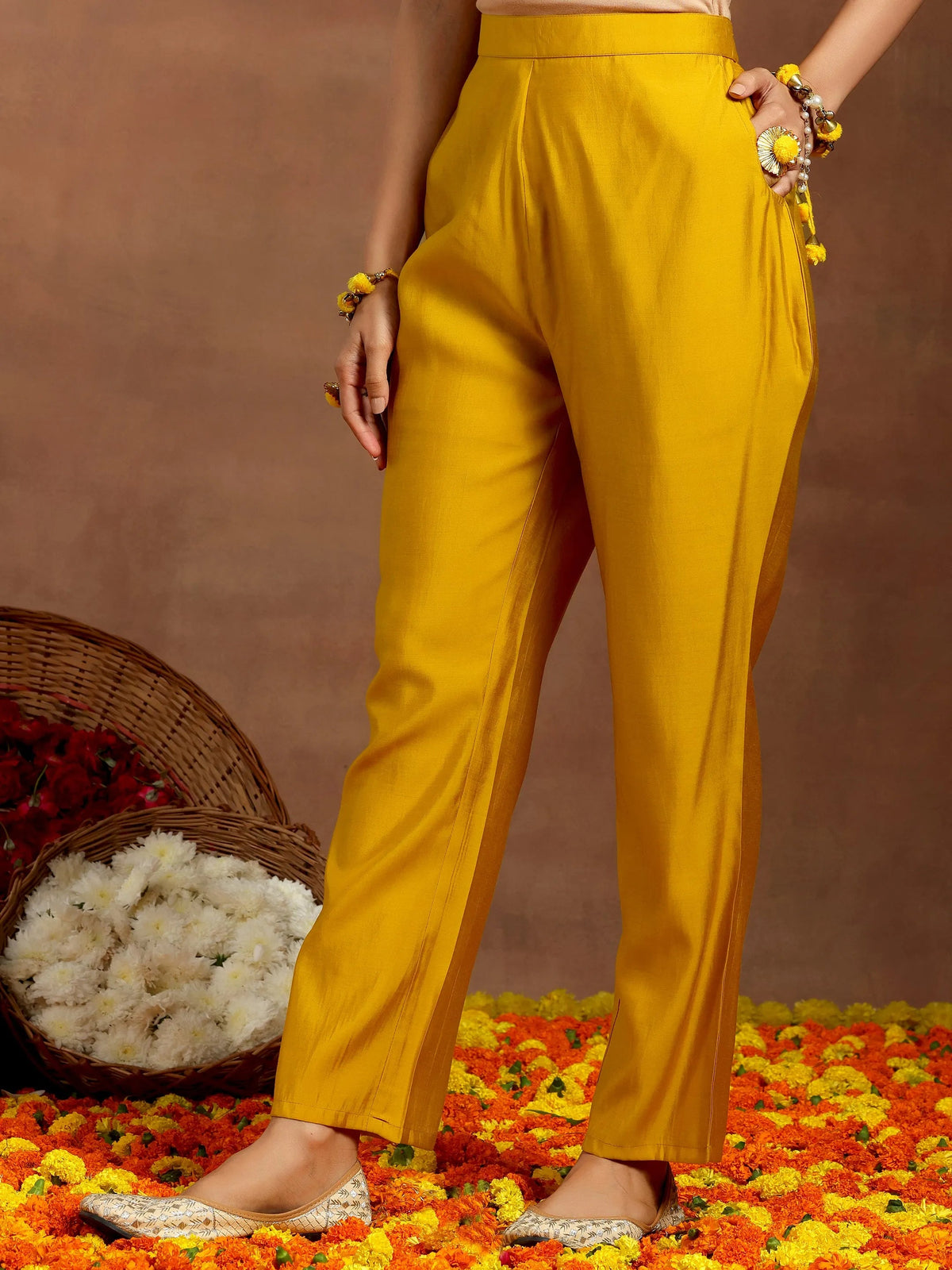 Anouk Mustard Yoke Design Silk Blend Straight Suit With Dupatta