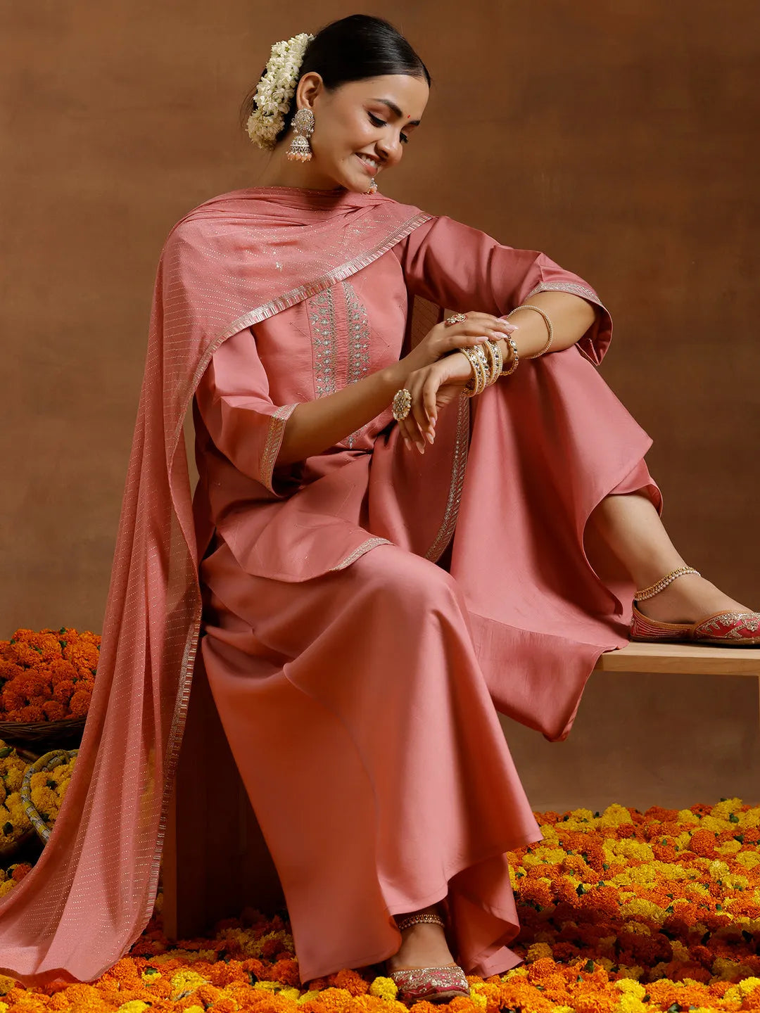 Anouk Peach Yoke Design Silk Blend Straight Suit With Dupatta