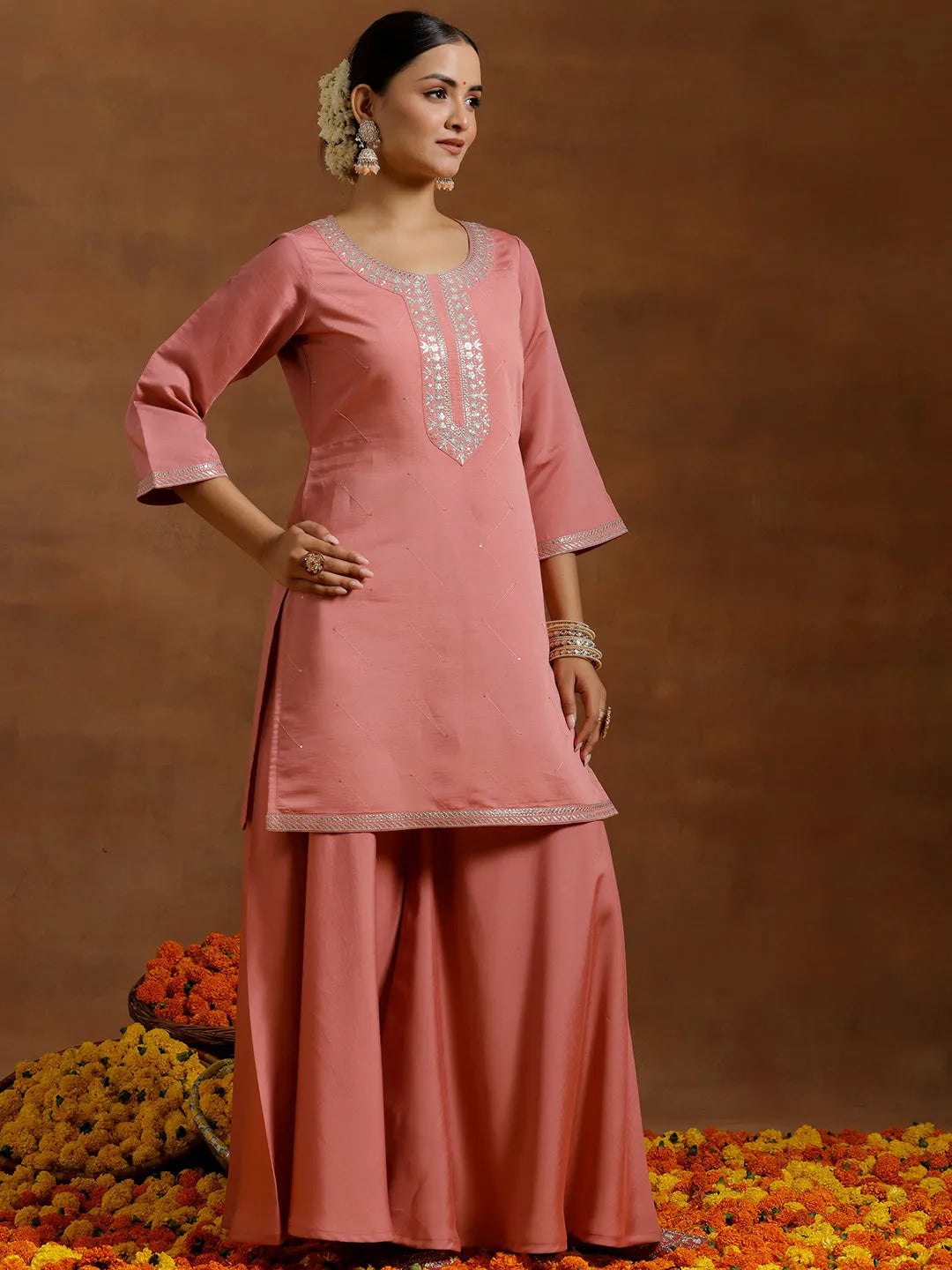 Anouk Peach Yoke Design Silk Blend Straight Suit With Dupatta