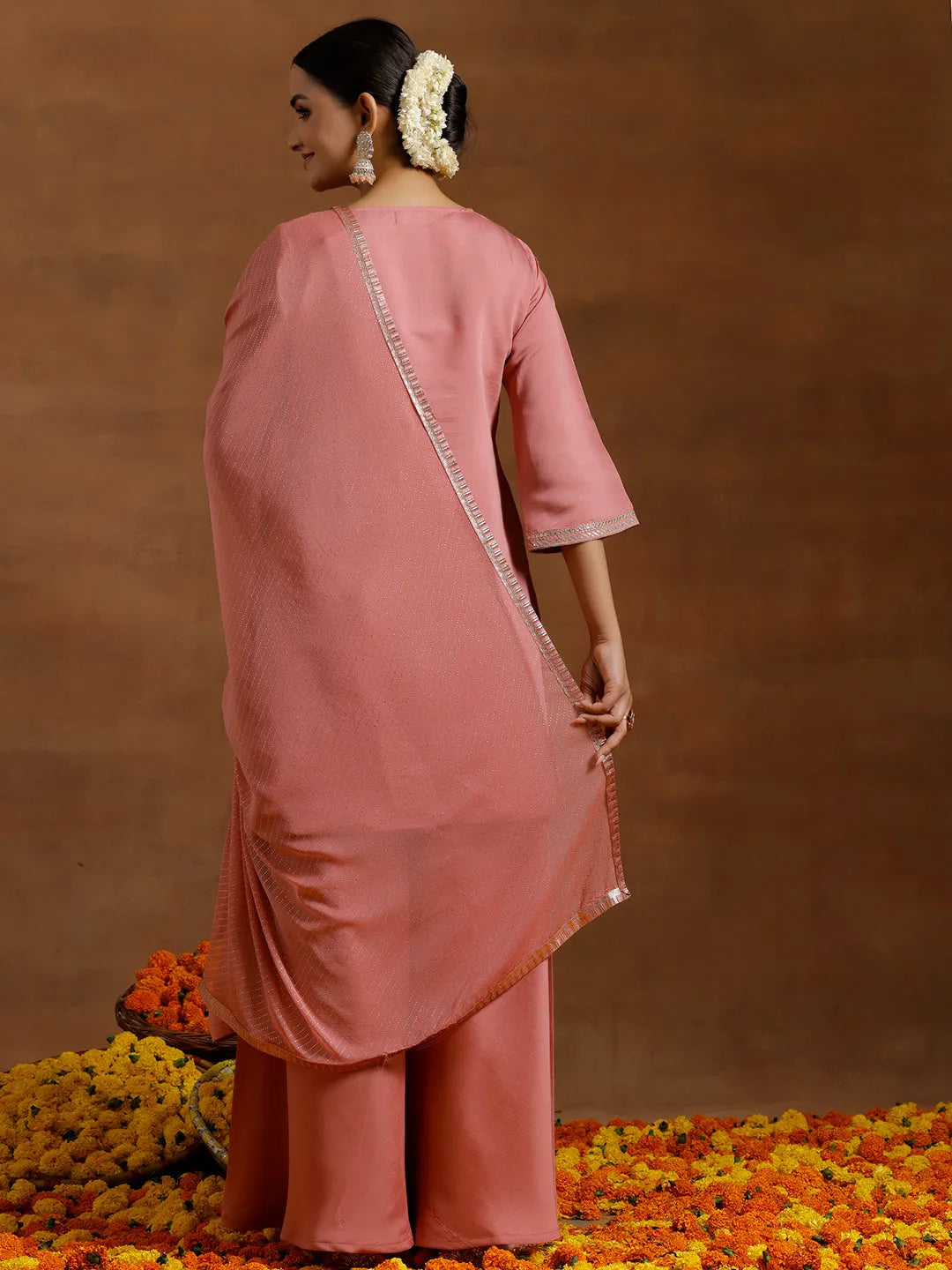 Anouk Peach Yoke Design Silk Blend Straight Suit With Dupatta