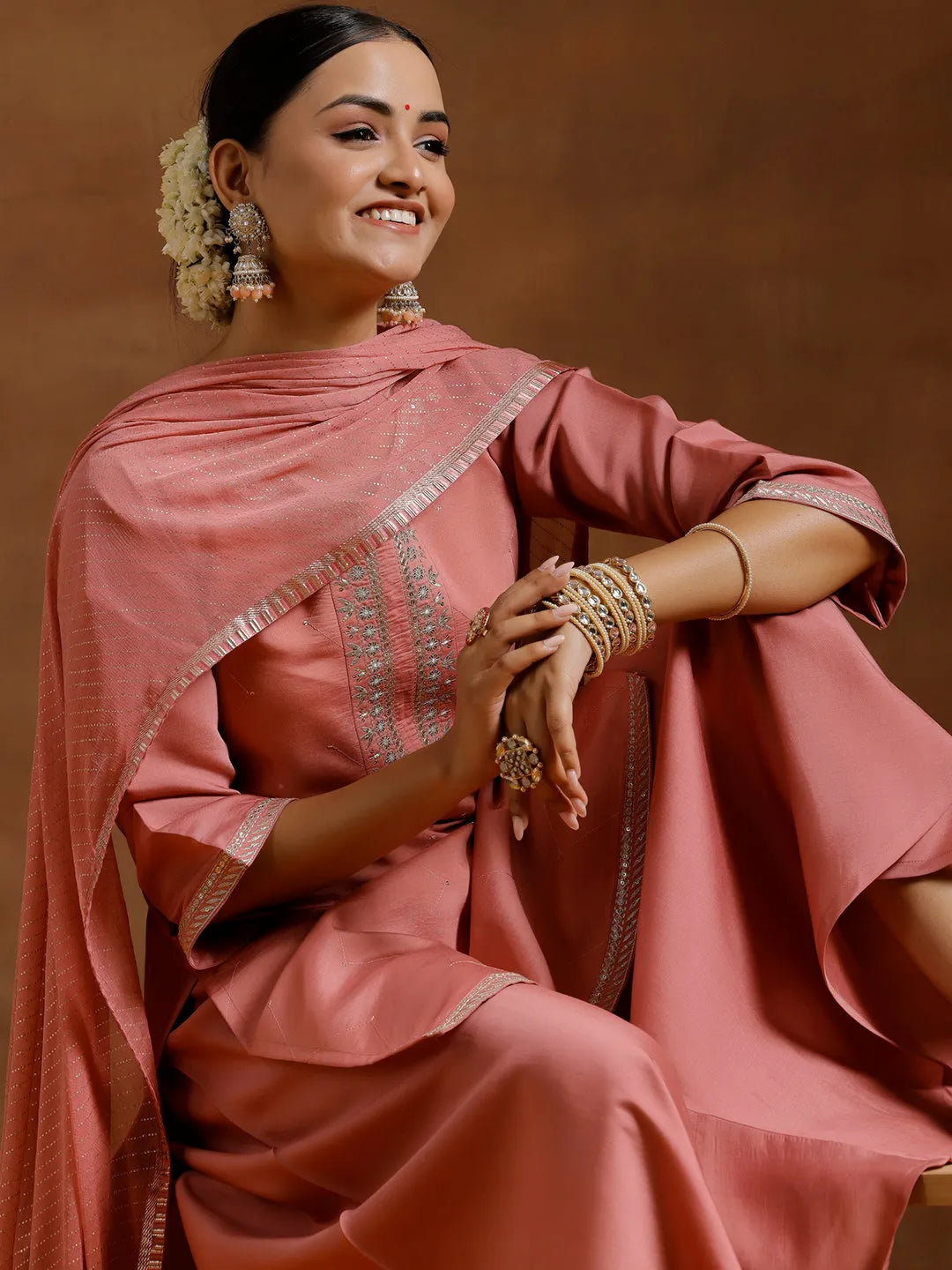 Anouk Peach Yoke Design Silk Blend Straight Suit With Dupatta