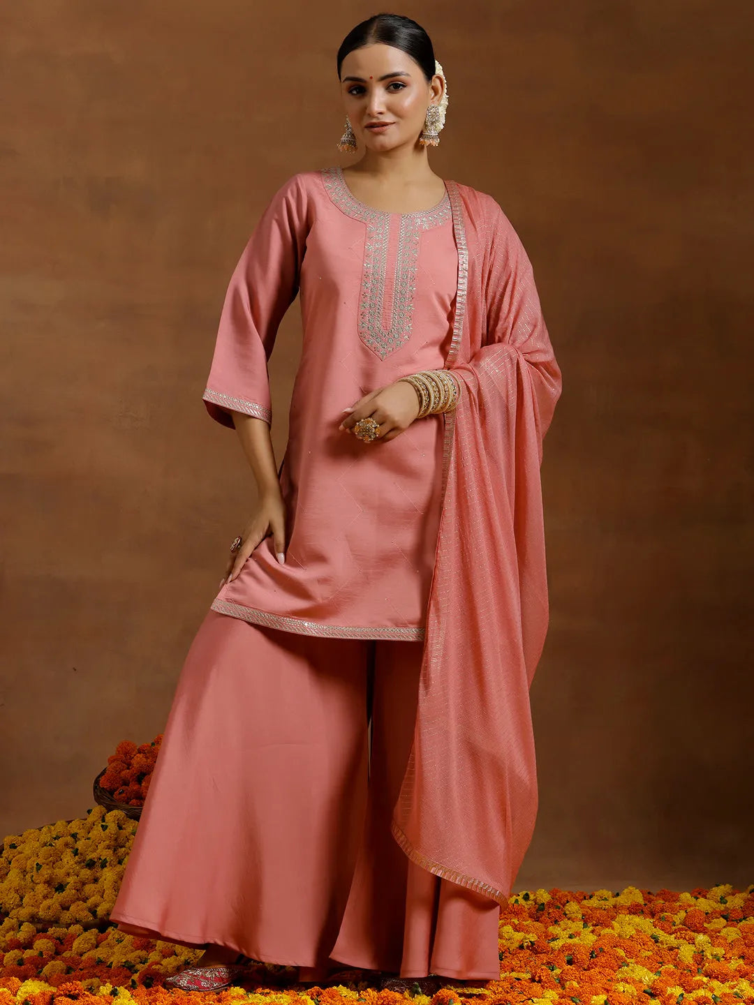 Anouk Peach Yoke Design Silk Blend Straight Suit With Dupatta