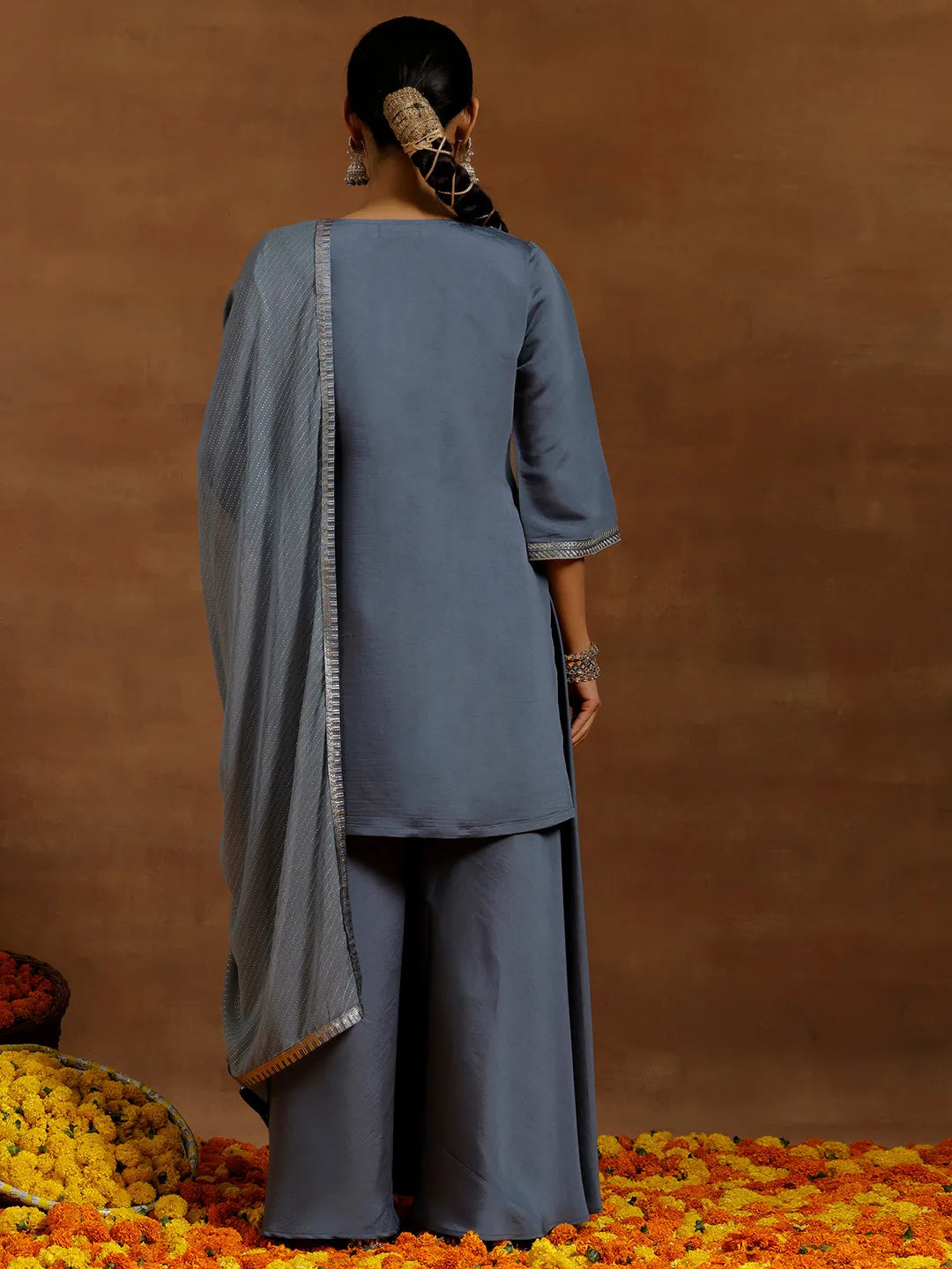 Anouk Grey Yoke Design Silk Blend Straight Suit With Dupatta