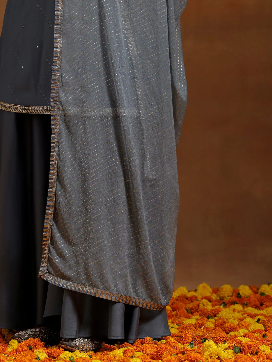Anouk Grey Yoke Design Silk Blend Straight Suit With Dupatta