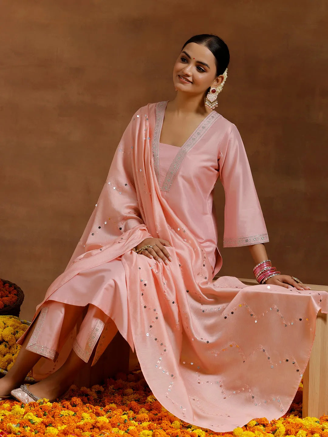 Anouk Peach Yoke Design Silk Blend Straight Suit With Dupatta