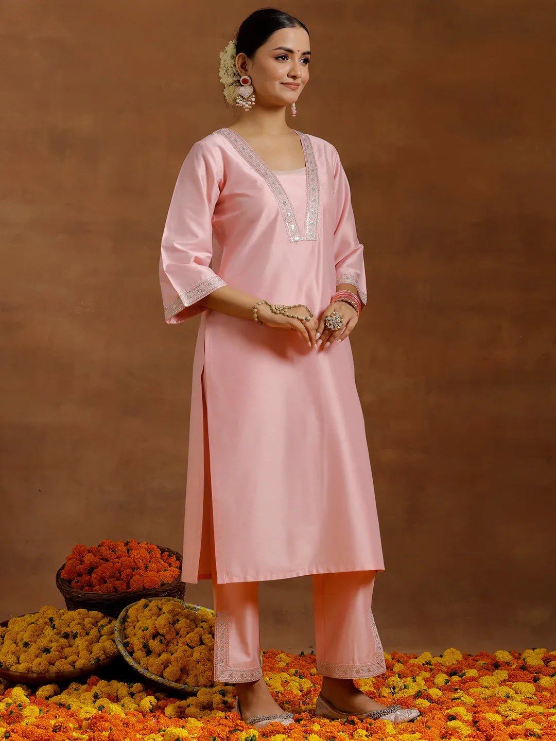 Anouk Peach Yoke Design Silk Blend Straight Suit With Dupatta