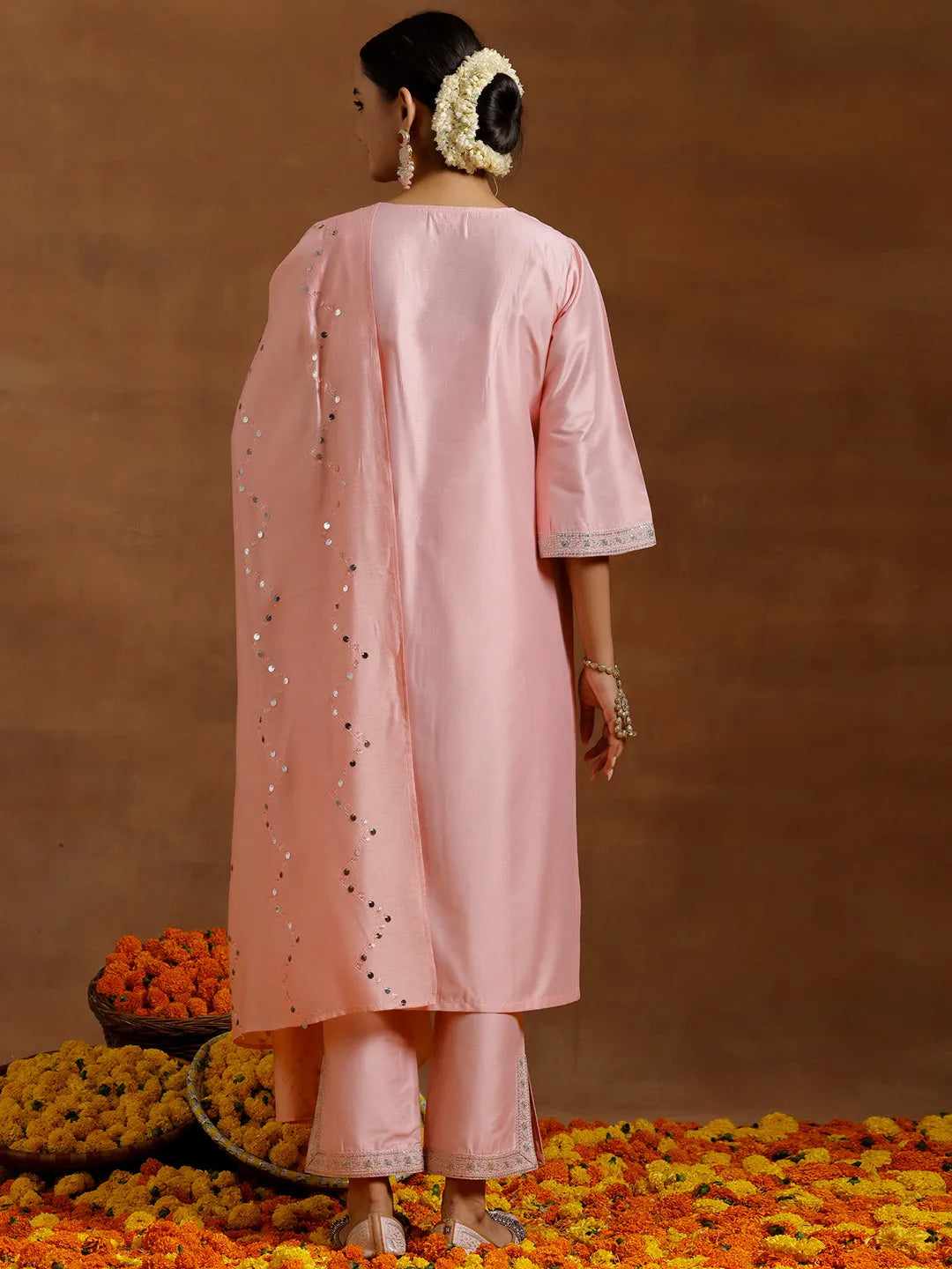 Anouk Peach Yoke Design Silk Blend Straight Suit With Dupatta