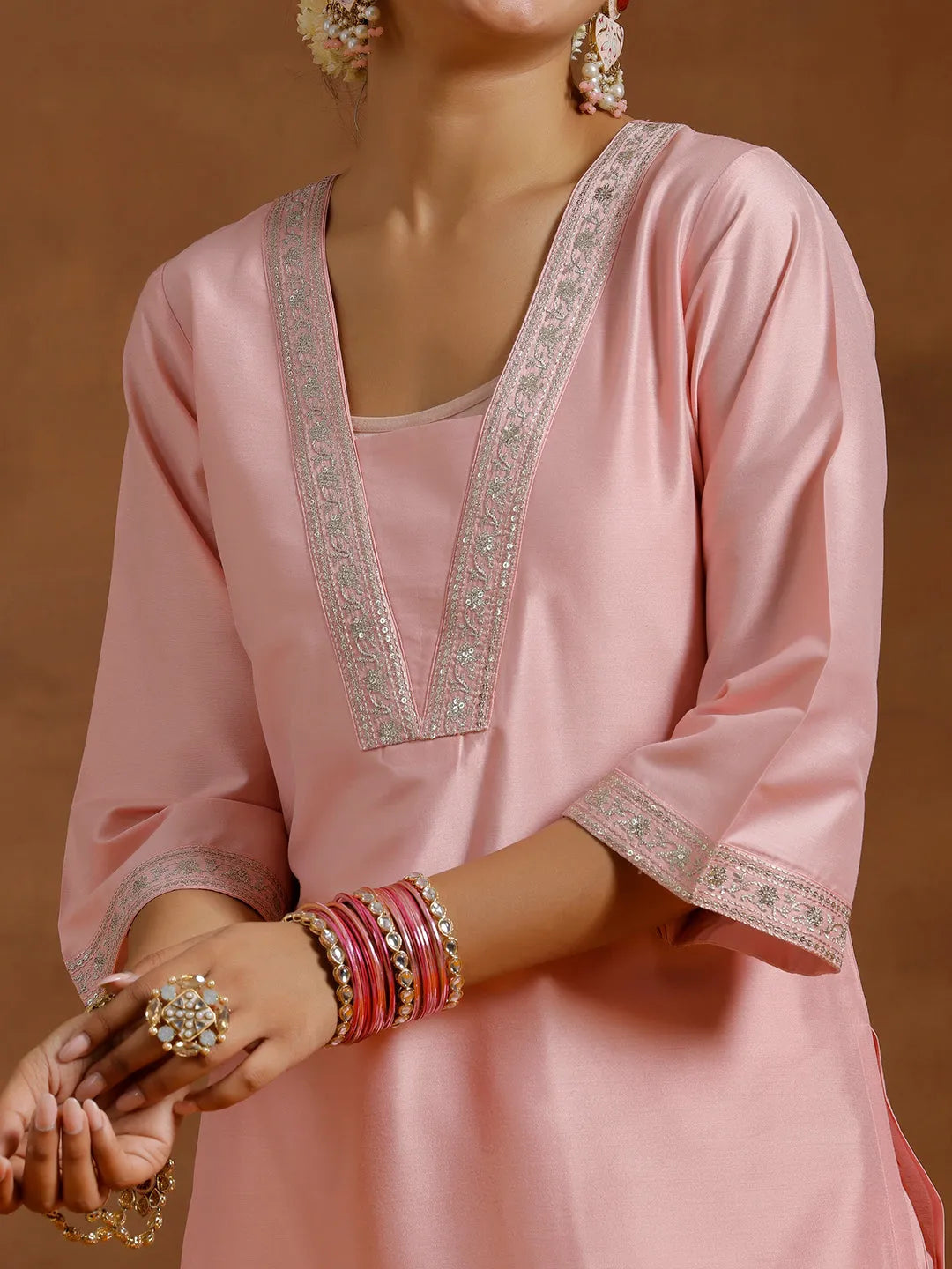Anouk Peach Yoke Design Silk Blend Straight Suit With Dupatta