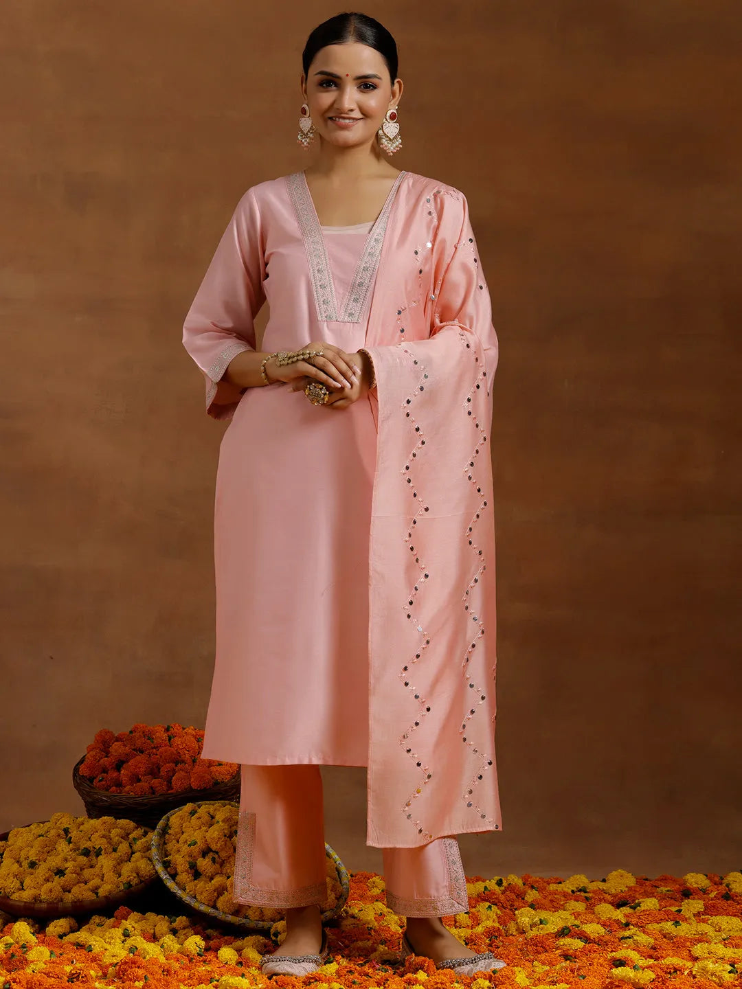 Anouk Peach Yoke Design Silk Blend Straight Suit With Dupatta