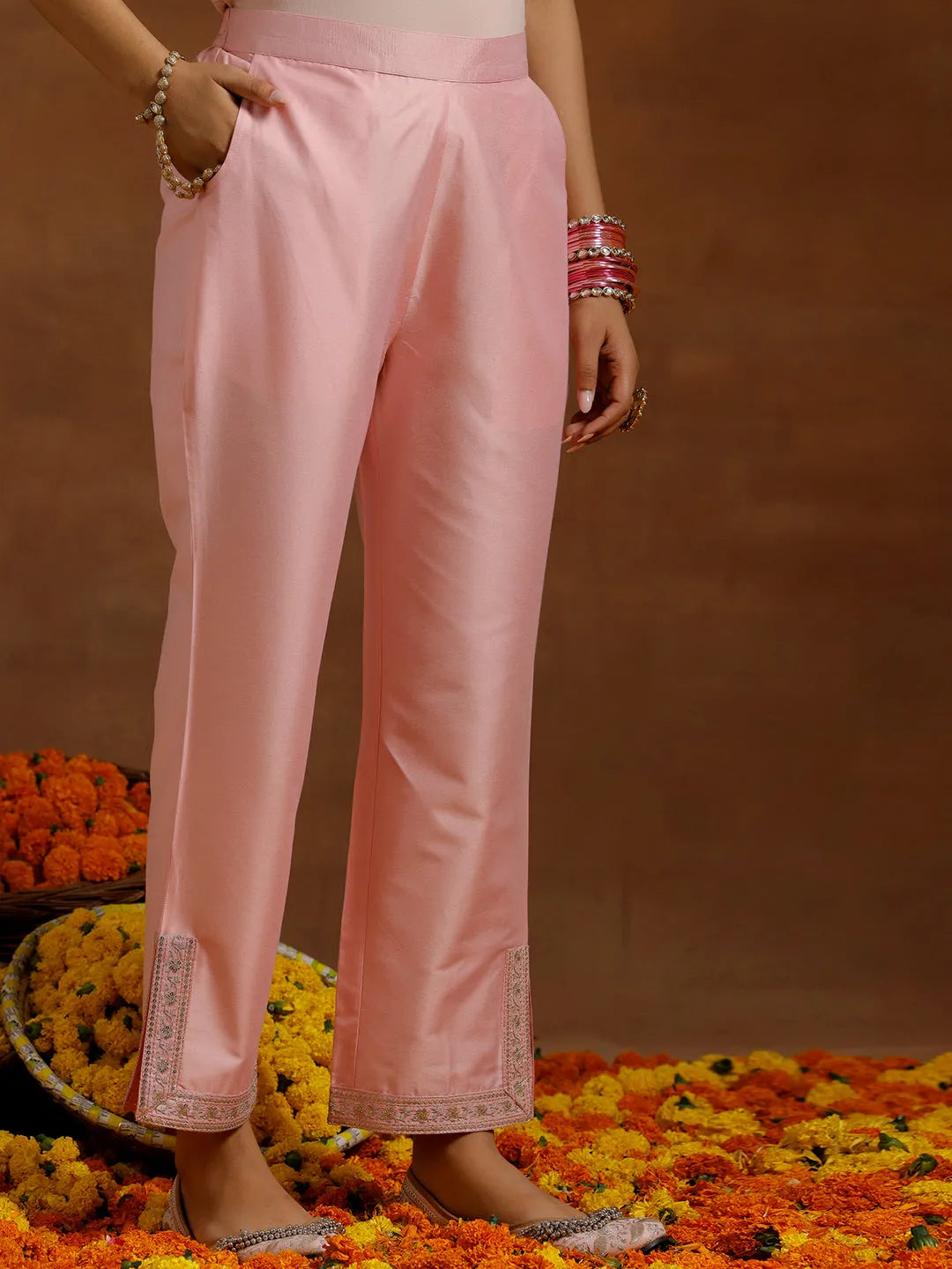 Anouk Peach Yoke Design Silk Blend Straight Suit With Dupatta