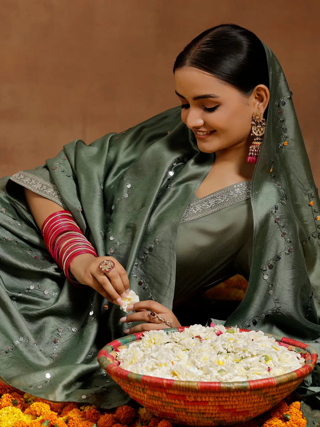 Anouk Olive Yoke Design Silk Blend Straight Suit With Dupatta