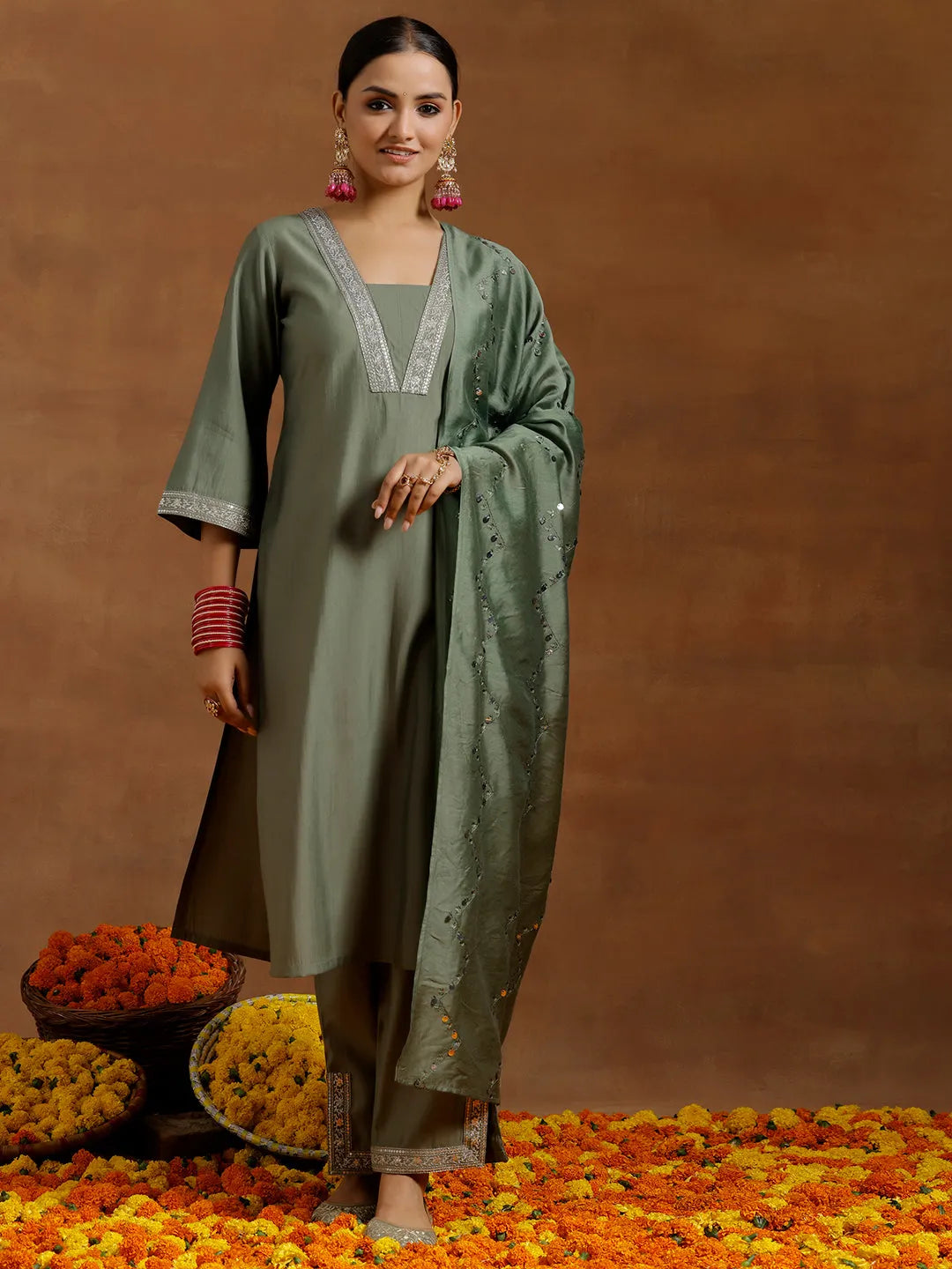 Anouk Olive Yoke Design Silk Blend Straight Suit With Dupatta