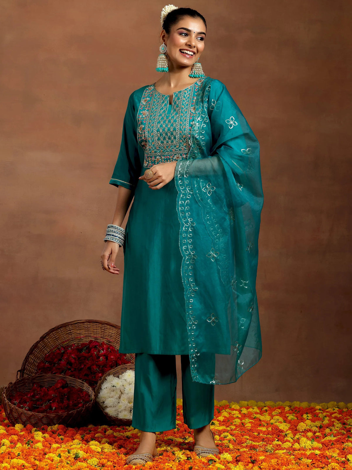 Anouk Teal Yoke Design Silk Blend Straight Suit With Dupatta