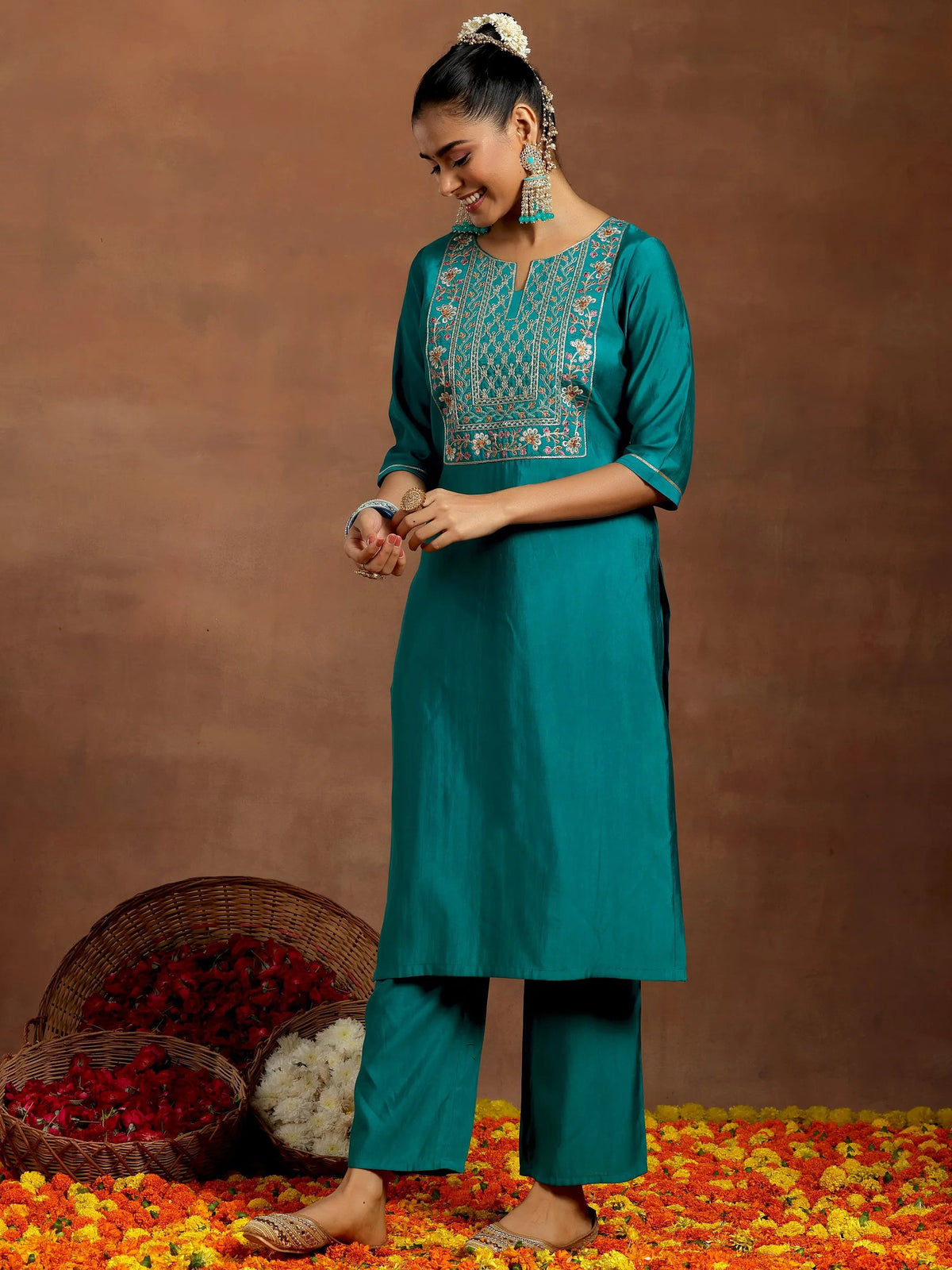 Anouk Teal Yoke Design Silk Blend Straight Suit With Dupatta