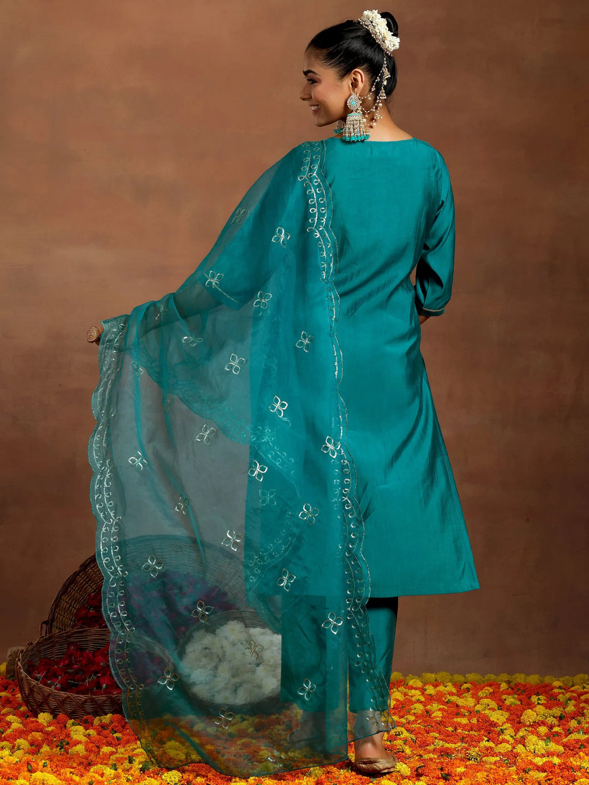 Anouk Teal Yoke Design Silk Blend Straight Suit With Dupatta