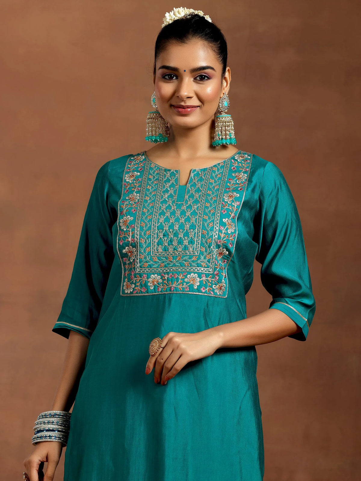 Anouk Teal Yoke Design Silk Blend Straight Suit With Dupatta
