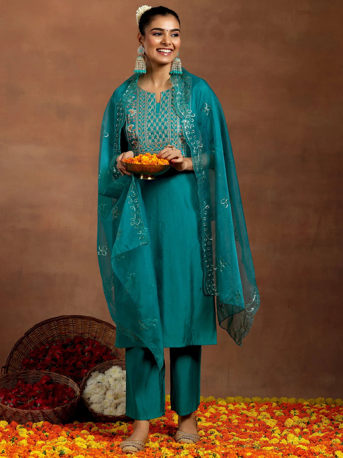 Anouk Teal Yoke Design Silk Blend Straight Suit With Dupatta