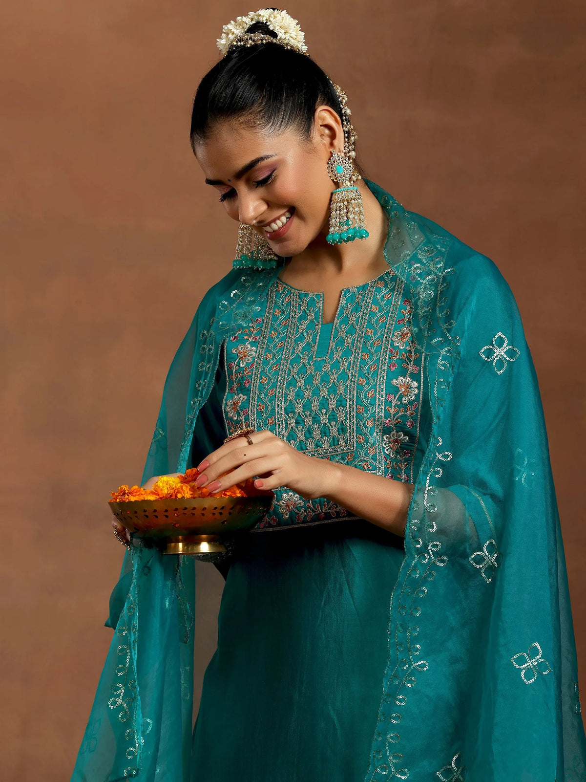 Anouk Teal Yoke Design Silk Blend Straight Suit With Dupatta