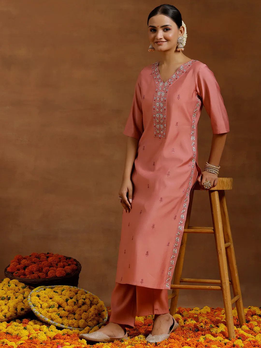 Anouk Peach Embroidered Silk Blend Straight Kurta Set