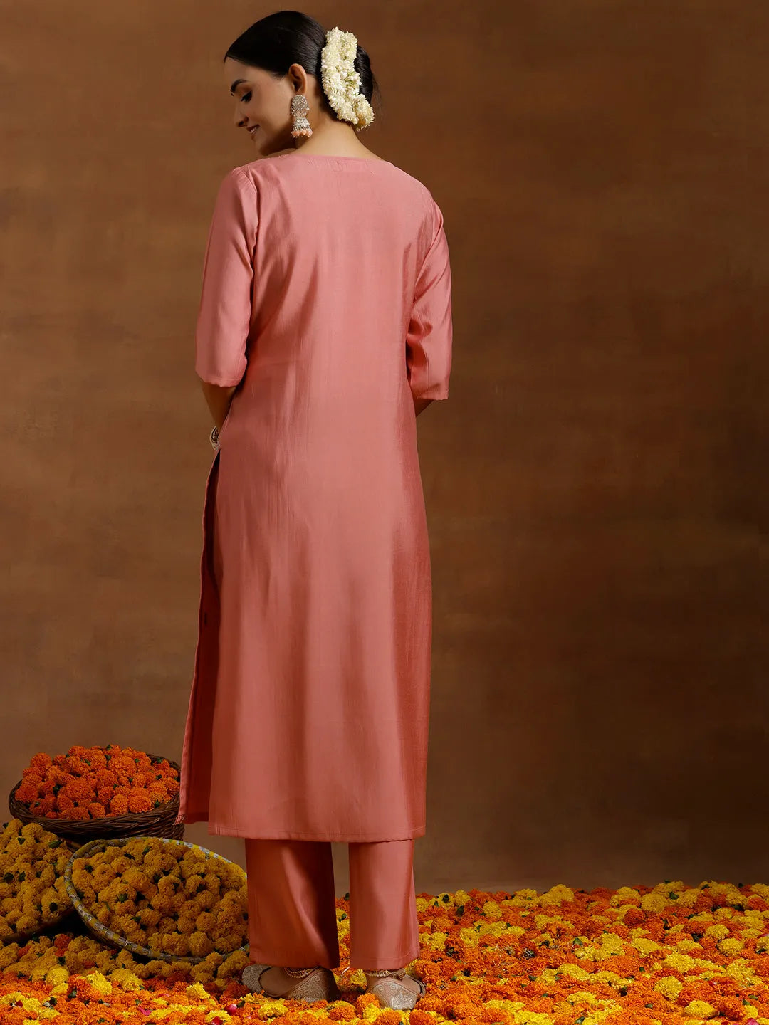 Anouk Peach Embroidered Silk Blend Straight Kurta Set