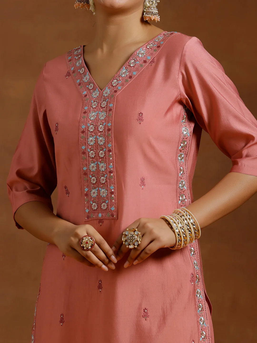 Anouk Peach Embroidered Silk Blend Straight Kurta Set