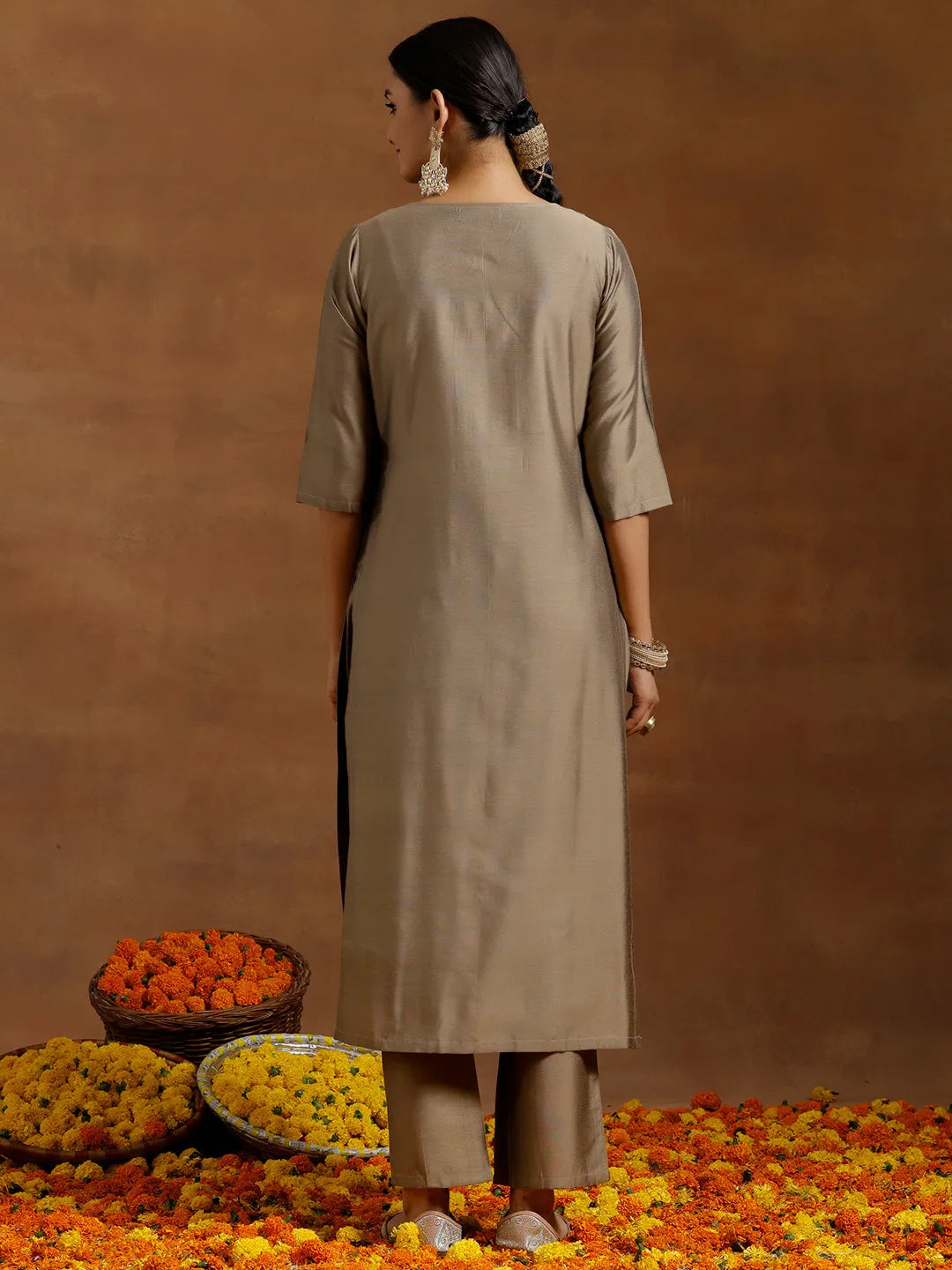 Anouk Gold Embroidered Silk Blend Straight Kurta Set