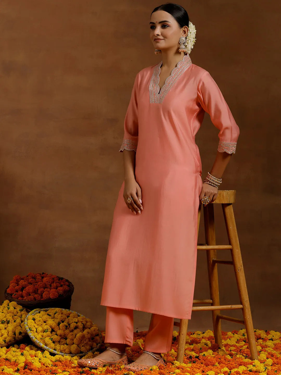 Anouk Peach Embroidered Silk Blend Straight Kurta Set