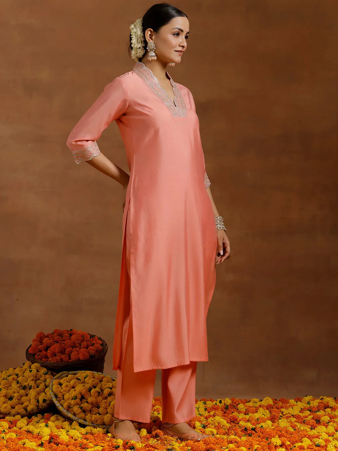 Anouk Peach Embroidered Silk Blend Straight Kurta Set