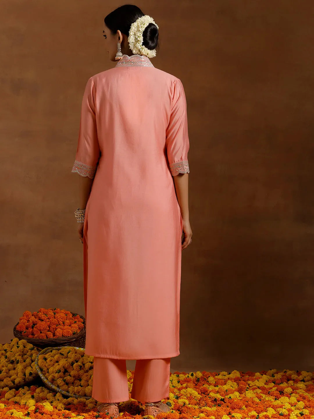 Anouk Peach Embroidered Silk Blend Straight Kurta Set