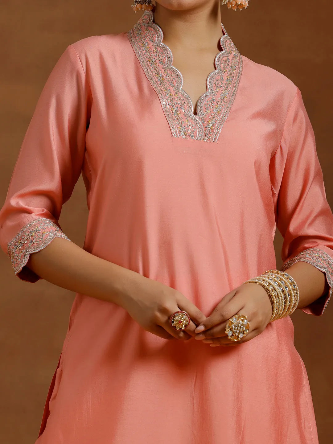 Anouk Peach Embroidered Silk Blend Straight Kurta Set