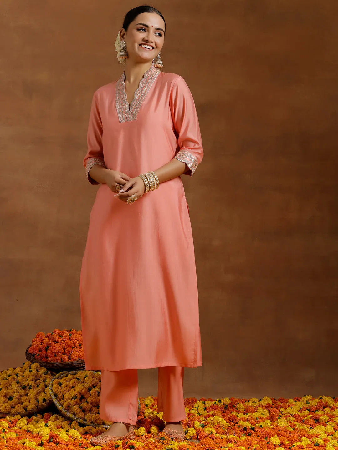 Anouk Peach Embroidered Silk Blend Straight Kurta Set