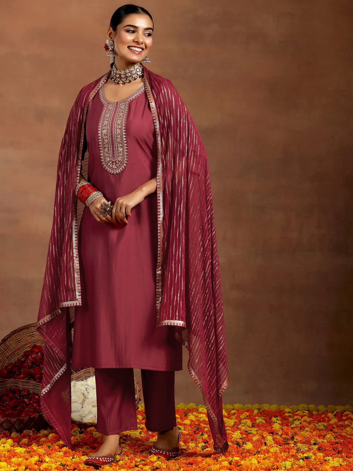 Anouk Rust Yoke Design Silk Blend Straight Suit With Dupatta