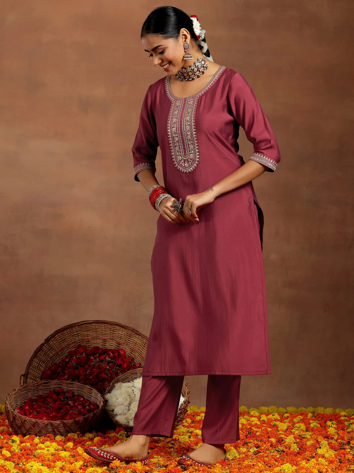 Anouk Rust Yoke Design Silk Blend Straight Suit With Dupatta