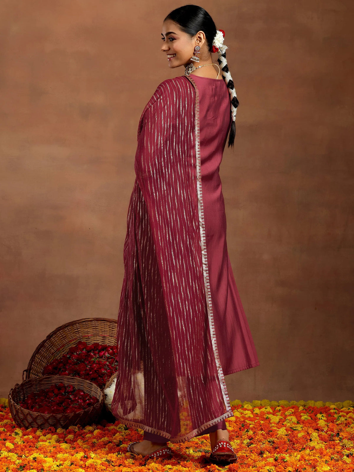 Anouk Rust Yoke Design Silk Blend Straight Suit With Dupatta