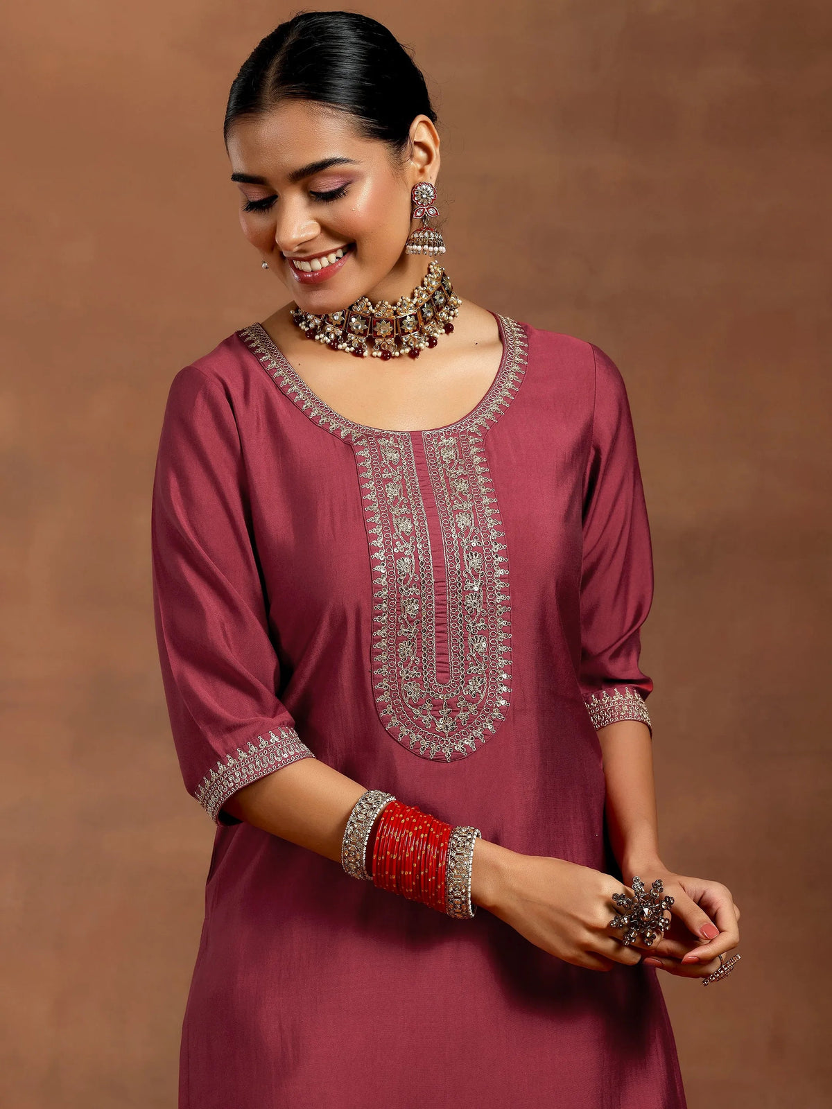 Anouk Rust Yoke Design Silk Blend Straight Suit With Dupatta