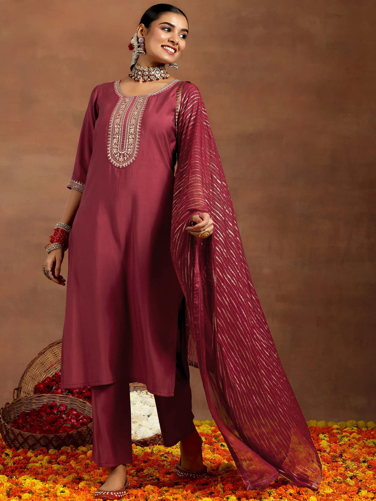 Anouk Rust Yoke Design Silk Blend Straight Suit With Dupatta
