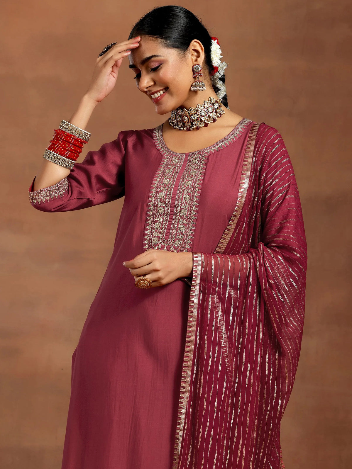 Anouk Rust Yoke Design Silk Blend Straight Suit With Dupatta