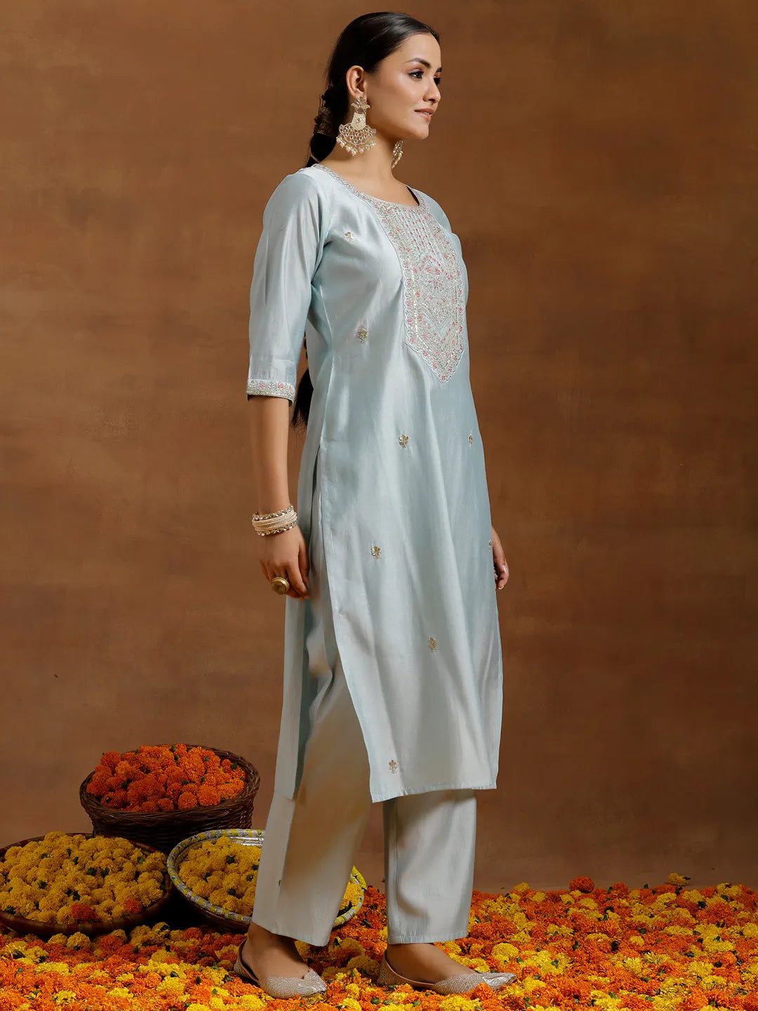 Anouk Blue Embroidered Silk Blend Straight Kurta Set