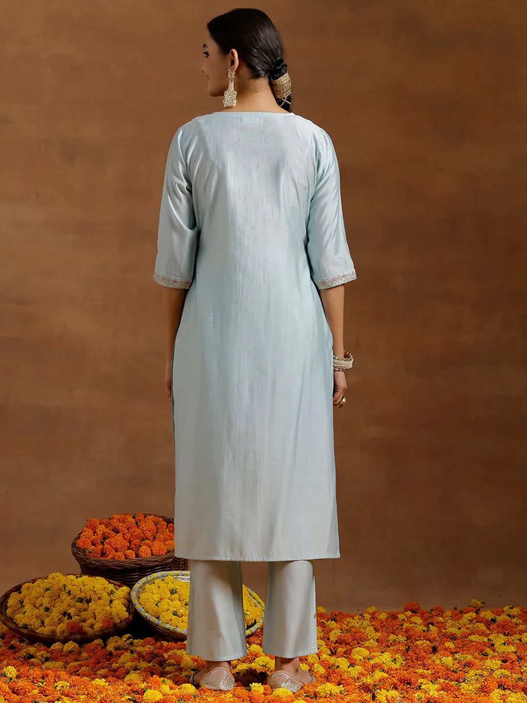 Anouk Blue Embroidered Silk Blend Straight Kurta Set