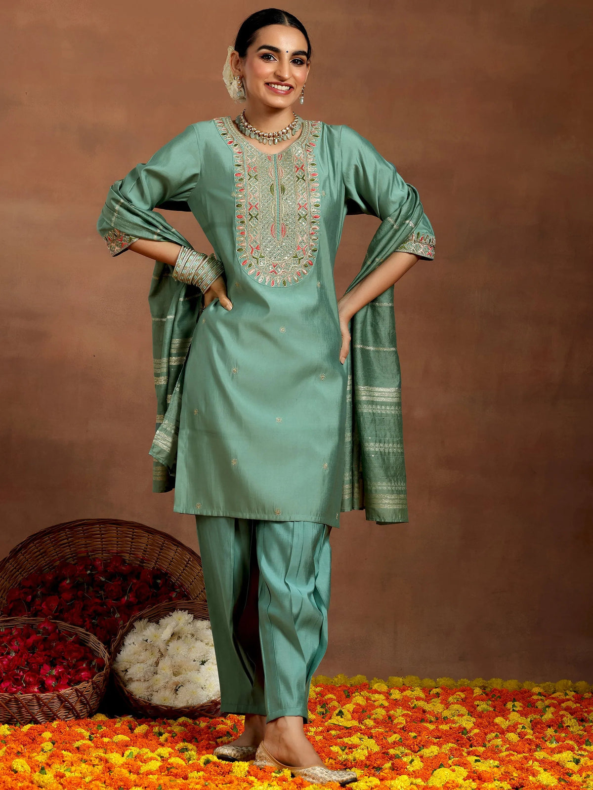Anouk Green Embroidered Silk Blend Straight Suit With Dupatta