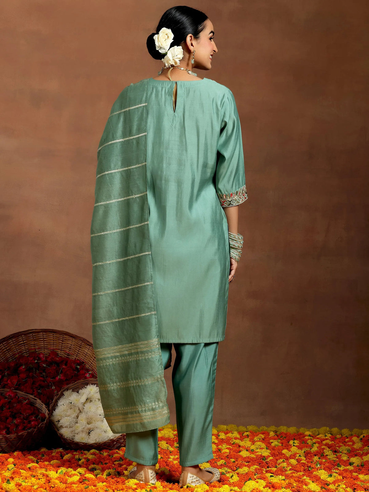 Anouk Green Embroidered Silk Blend Straight Suit With Dupatta