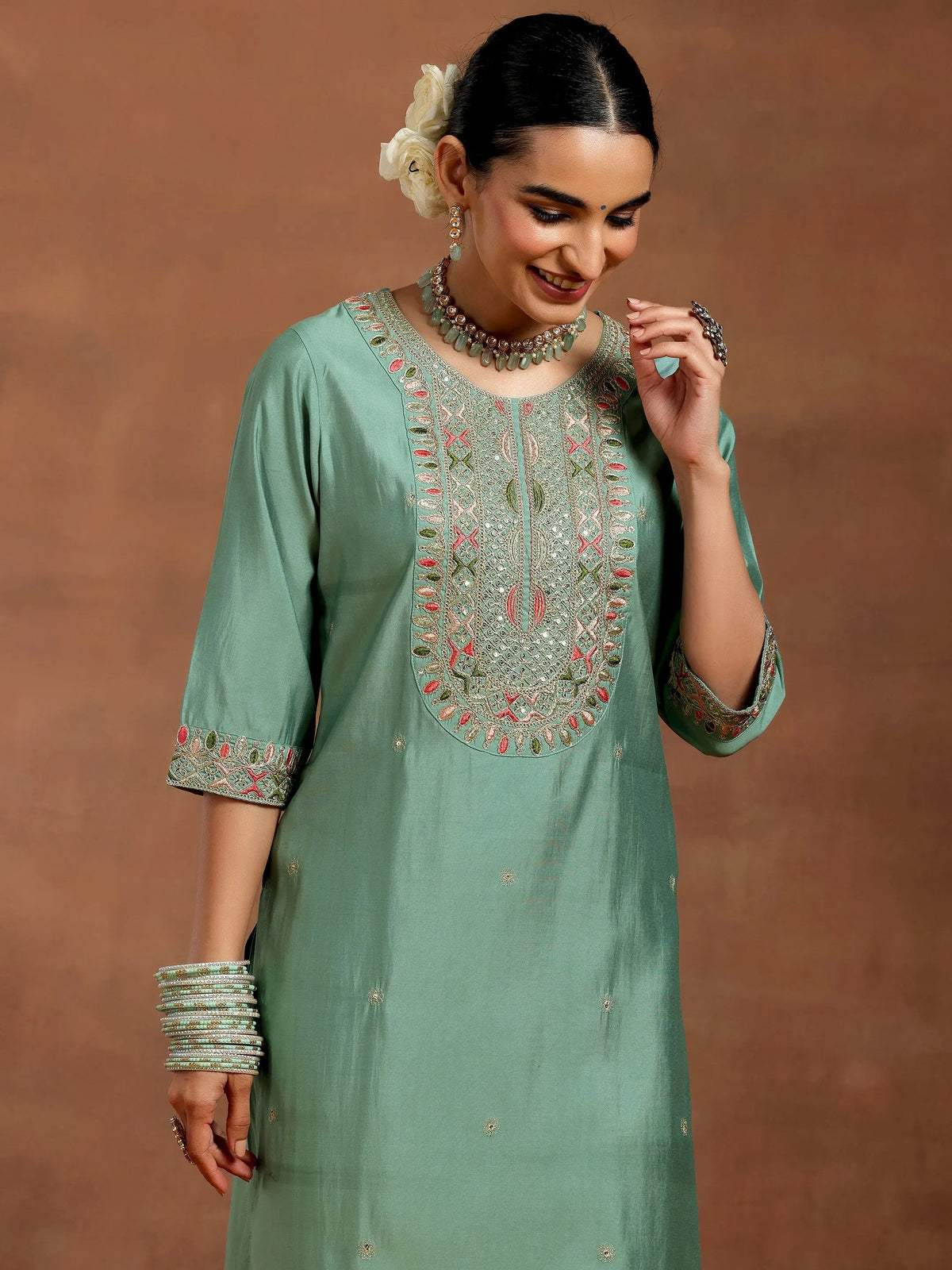Anouk Green Embroidered Silk Blend Straight Suit With Dupatta