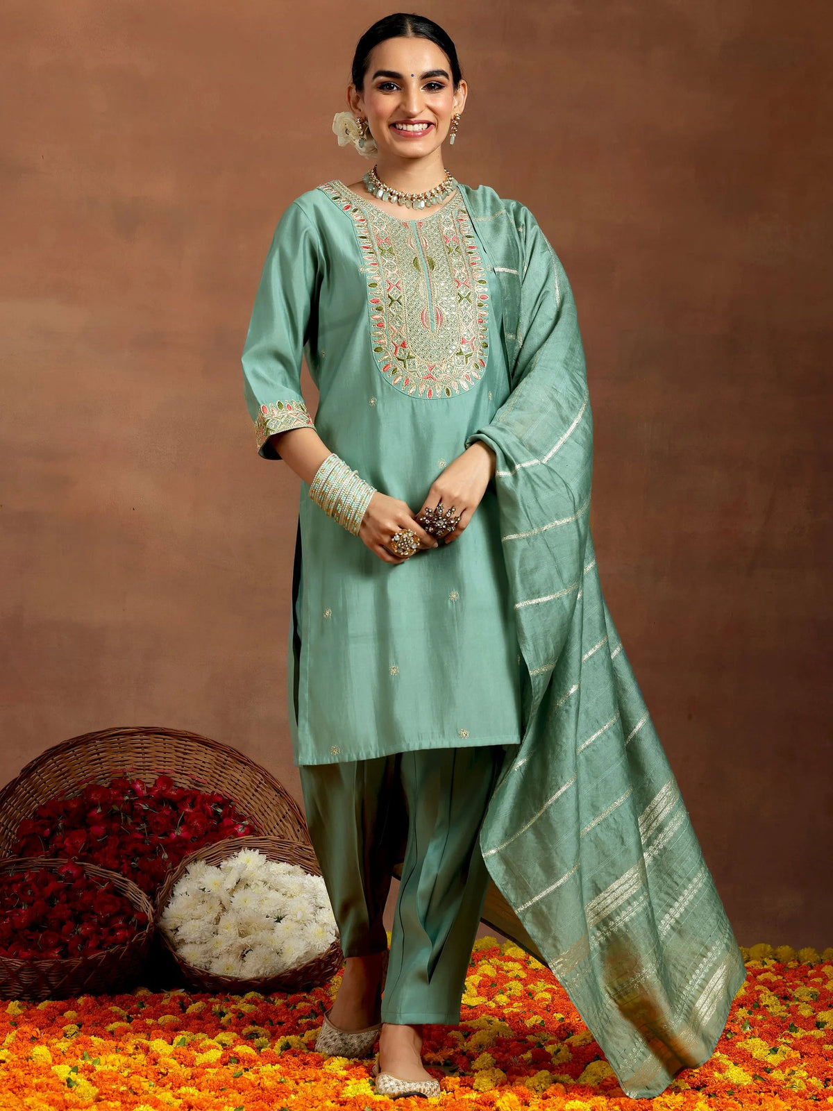 Anouk Green Embroidered Silk Blend Straight Suit With Dupatta