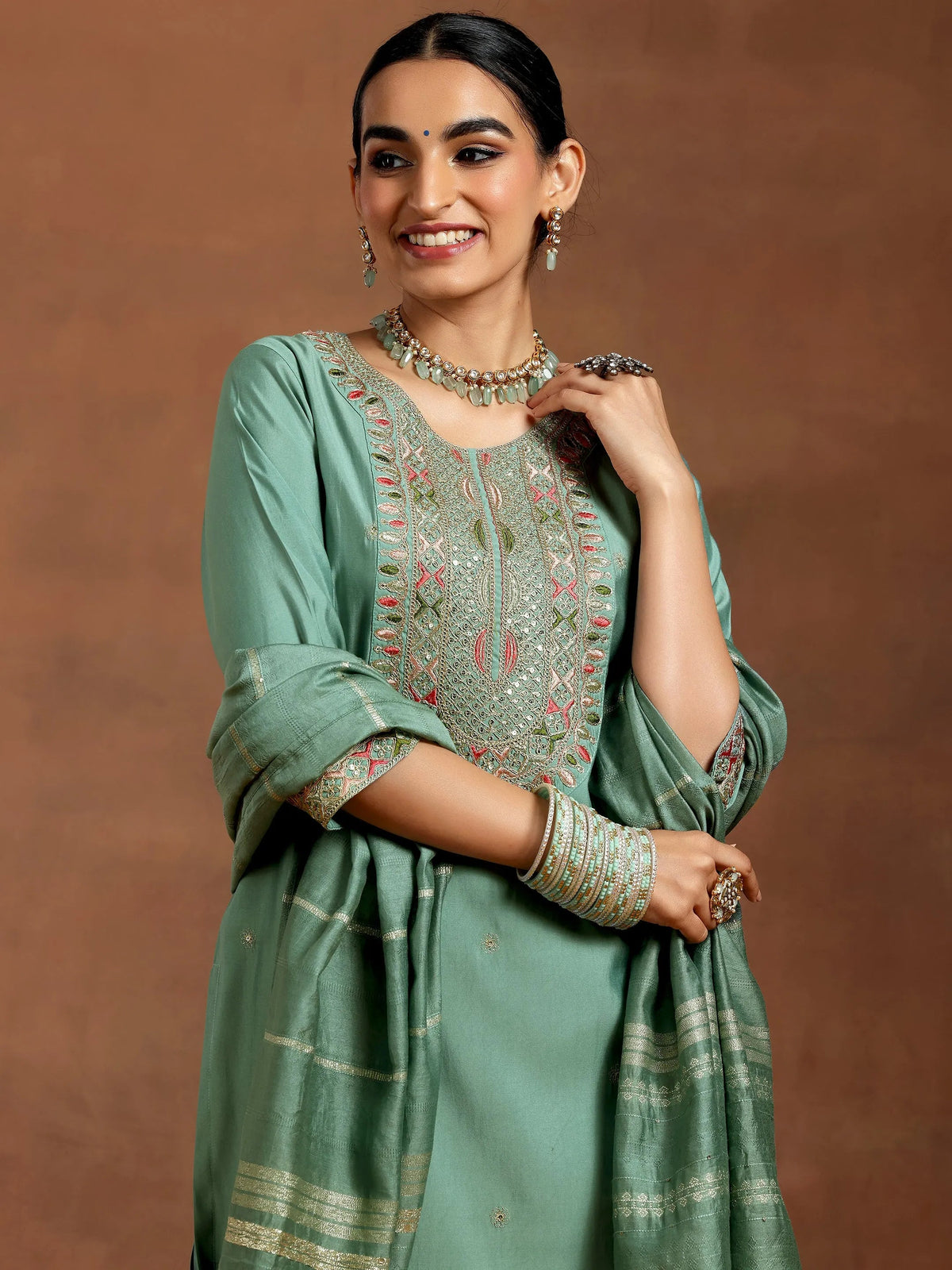 Anouk Green Embroidered Silk Blend Straight Suit With Dupatta