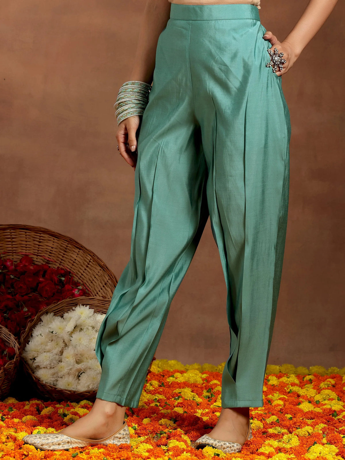 Anouk Green Embroidered Silk Blend Straight Suit With Dupatta