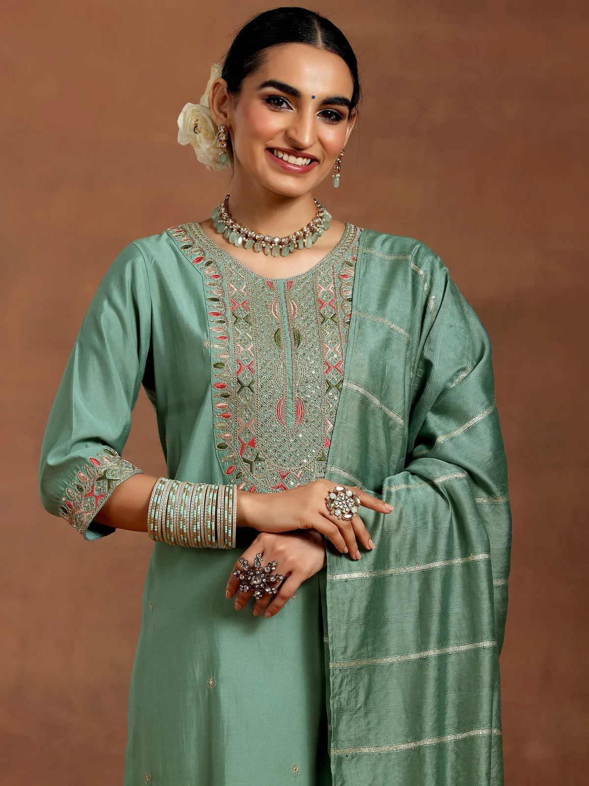 Anouk Green Embroidered Silk Blend Straight Suit With Dupatta