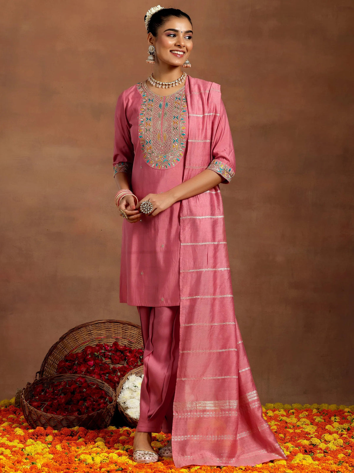 Anouk Peach Embroidered Silk Blend Straight Suit With Dupatta